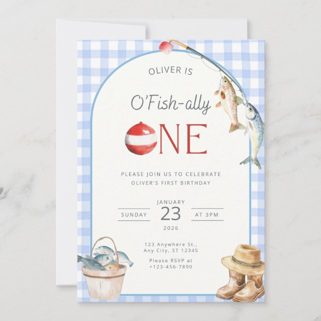Invitación Fishing 1st Birthday Invitation O Fishally One  (Anverso)