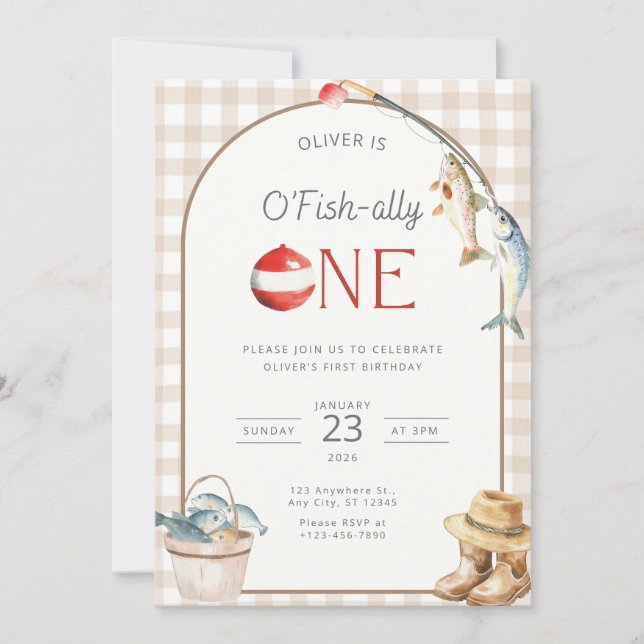 Invitación Fishing 1st Birthday Invitation O Fishally One  (Anverso)