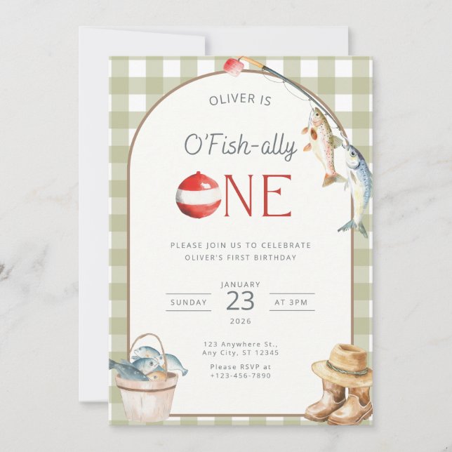 Invitación Fishing 1st Birthday Invitation O Fishally One  (Anverso)