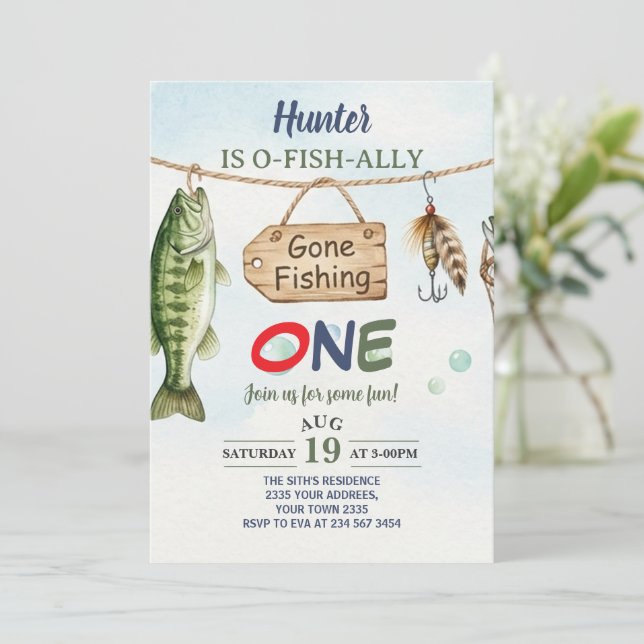 Invitación Fishing 1st Birthday O-Fish-Ally One Birthday (Anverso de pie)