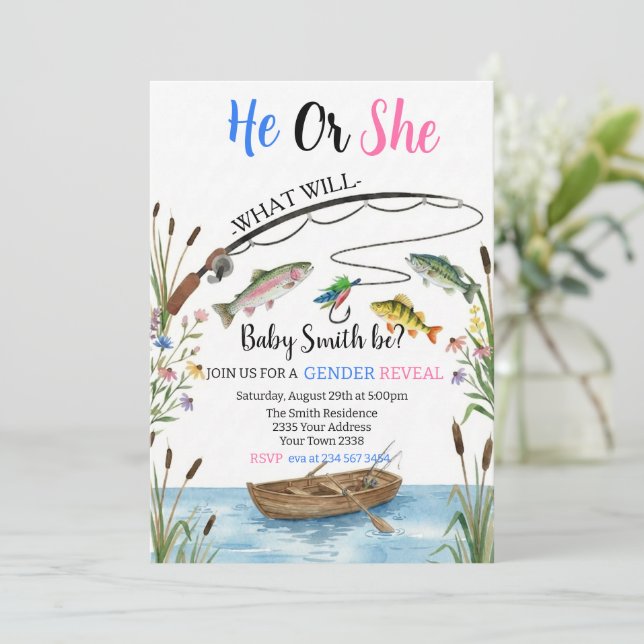 Invitación Fishing Gender Reveal Invitation, Fish-HE Fish-SHE (Anverso de pie)