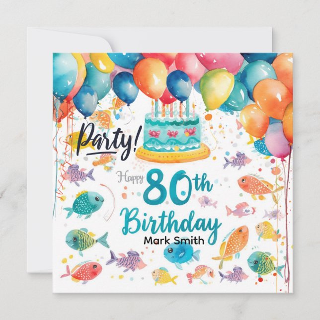 Invitación Fishing Lover 80th Birthday Watercolor  (Anverso)