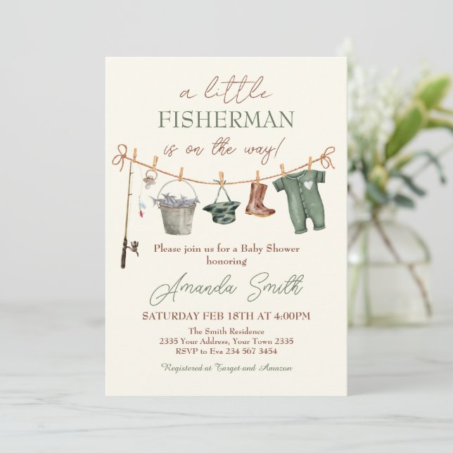 Invitación Fishing Reel Excited Boy Baby Shower Invitation (Anverso de pie)