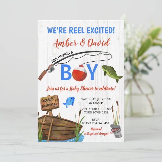 Invitación Fishing Themed Reel Excited Baby Shower  (Anverso de pie)