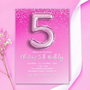 Invitación Five and Fabulous Pink Glitter Birthday Girl