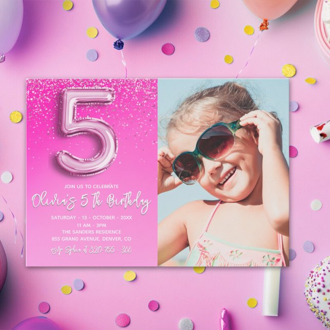 Invitación "Five and Fabulous Pink Glitter Birthday Photo (Subido por el creador)