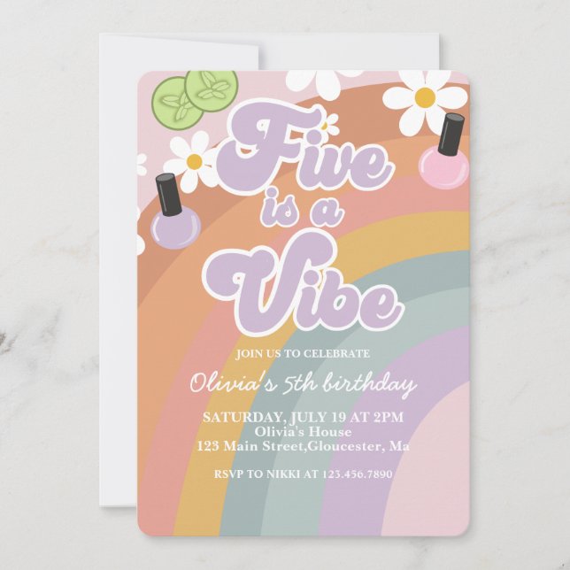 Invitación Five es un spa de ambiente Rainbow Quinto cumpleañ (Anverso)