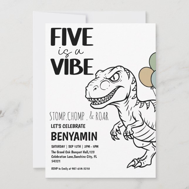 Invitación Five es una fiesta de cumpleaños de Vibe Dinosaur  (Anverso)