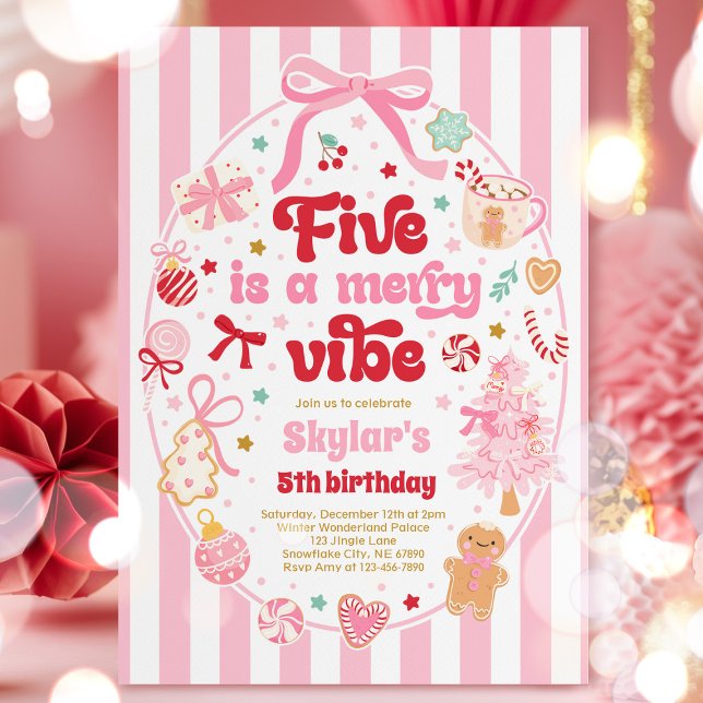 Invitación Five Is A Merry Vibe Christmas Bow 5th Birthday (Subido por el creador)