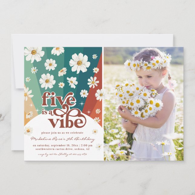 Invitación Five is a Vibe 5º Cumpleaños | Retró Daisy Arcoíri (Anverso)