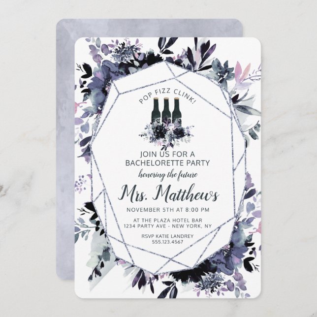 Invitación Fizz floral floral nocturna clink Bachelorette (Anverso / Reverso)