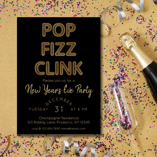 Invitación Fizz pop moderno vincula al Fiesta de Nochevieja (Subido por el creador)