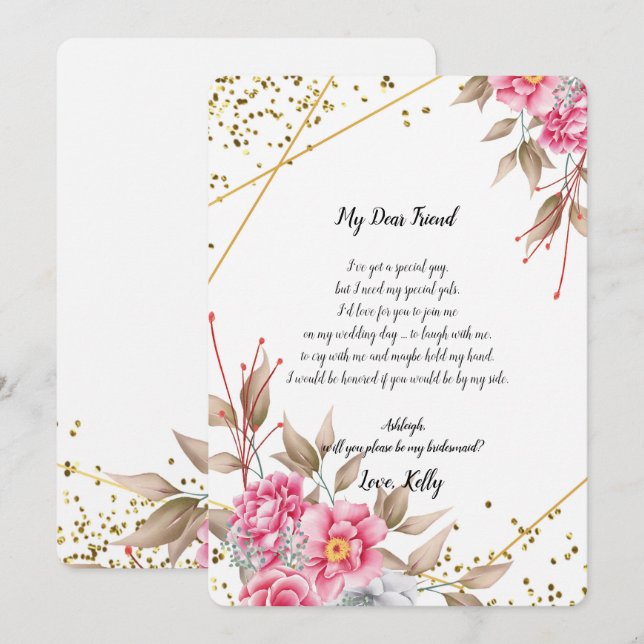 Invitación Fl rosa del marco dorado geométrico será mi dama d (Anverso / Reverso)