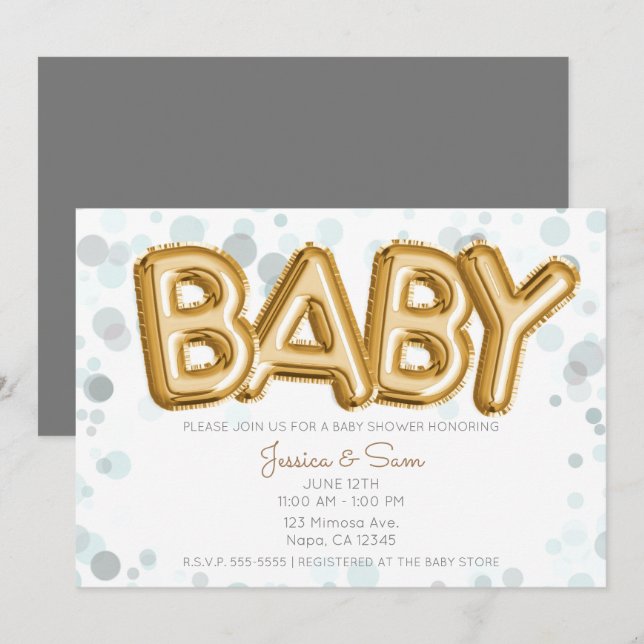 Invitación Fla de bebé Globos dorados Modernos Puntos grises (Anverso / Reverso)