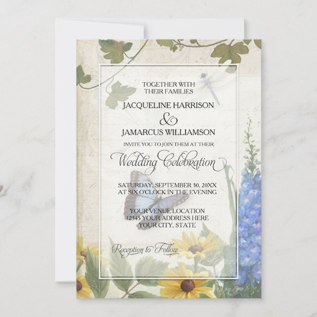 Invitación Flagónica de mariposa rústica de margarita (Anverso)