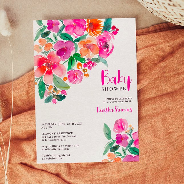 Invitación Flagrante escritura floral de caída rosa caliente  (Bright hot pink fall floral script baby shower invitation)