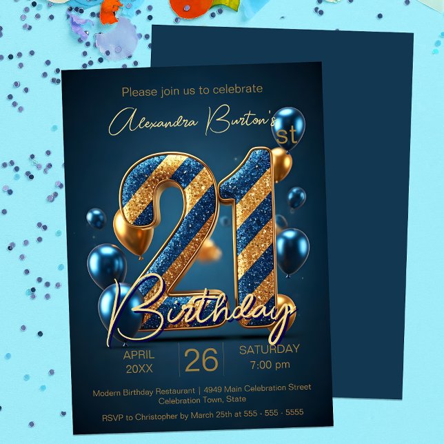 Invitación Flagrantes bandas de oro azules globos de oro cump (Subido por el creador)