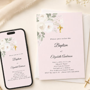 Invitación Flaires rosados blancos para bautizo de niña