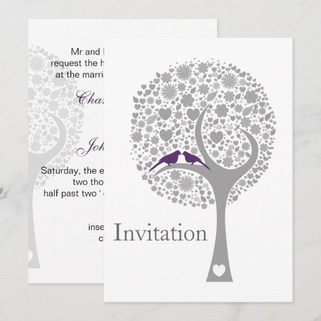 Invitación flamante árbol púrpura amoroso pájaros movedistas  (Anverso / Reverso)