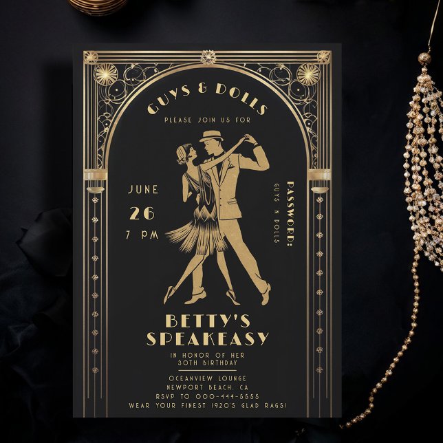Invitación Flamante Gatsby Gold Flapper Speakeasy Birthday (roaring 20s speakeasy gatsby flapper dance dancing couple gold black adult birthday party invitation)