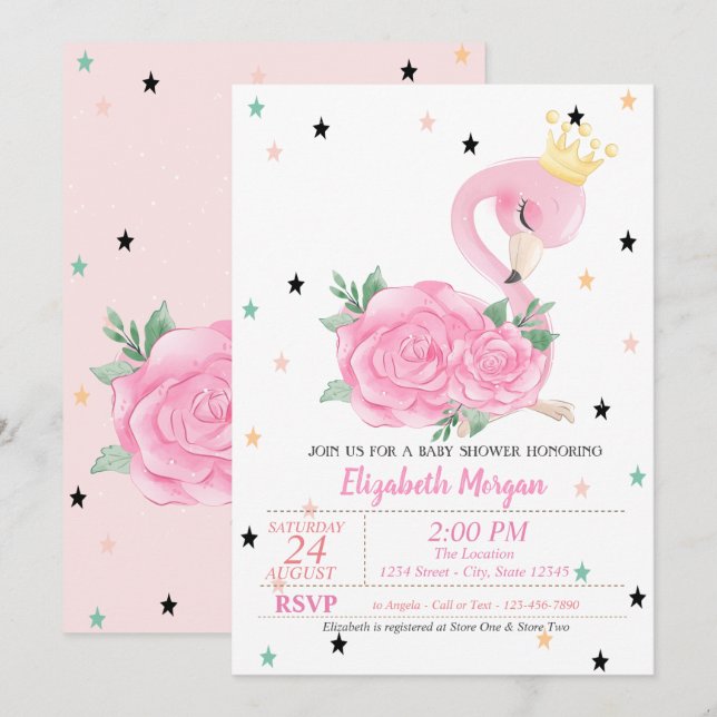 Invitación Flamenco Bebé, Estrellas, Fiesta de Princesa Bebé (Anverso / Reverso)