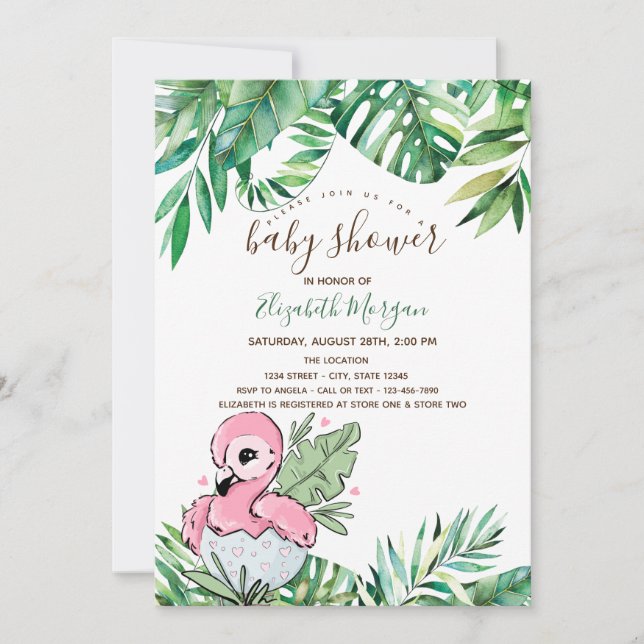 Invitación Flamenco Bebé Hojas Tropicales Shower de Bebé  (Anverso)