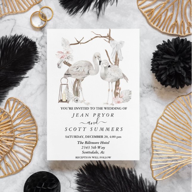 Invitación Flamenco blanco boho tropical arco floral  (Subido por el creador)