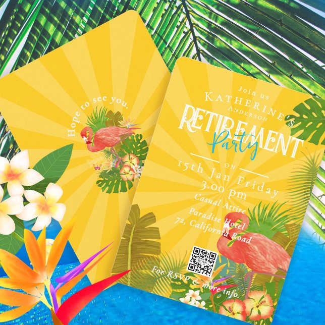 Invitación Flamenco Florida Tropical Amarillo Jubilación (Flamingo Tropical Retirement Party Invitation Card.)