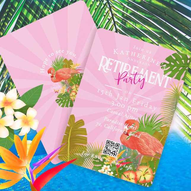 Invitación Flamenco Florida Tropical Rosa Jubilación (Flamingo Tropical Retirement Party Invitation Card.)
