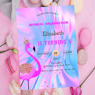 Invitación Flamenco Glitter Chic, Cumpleaños Holográfico