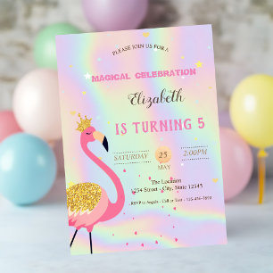 Invitación Flamenco Glitter, Cumpleaños Holográfico