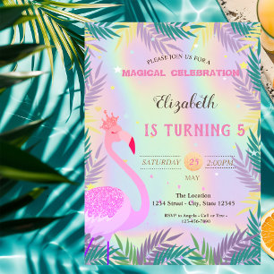 Invitación Flamenco,Holográfico Cumpleaños Hojas Tropicales