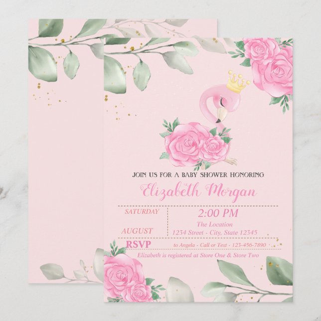 Invitación Flamenco Lindo, Hojas, Ducha de Bebé Floral (Anverso / Reverso)