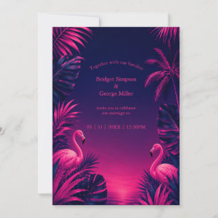 Invitación Flamenco Neon Hawái Floral Tropical Noche Bodas