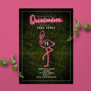 Invitación Flamenco Quinceañera Luces de Neón Rosadas Boj