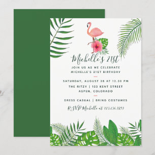 Invitación Flamenco Rosa Acuarela Tropical Cumpleaños 21