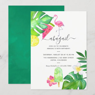 Invitación Flamenco Rosa Acuarela Tropical Cumpleaños de Vera