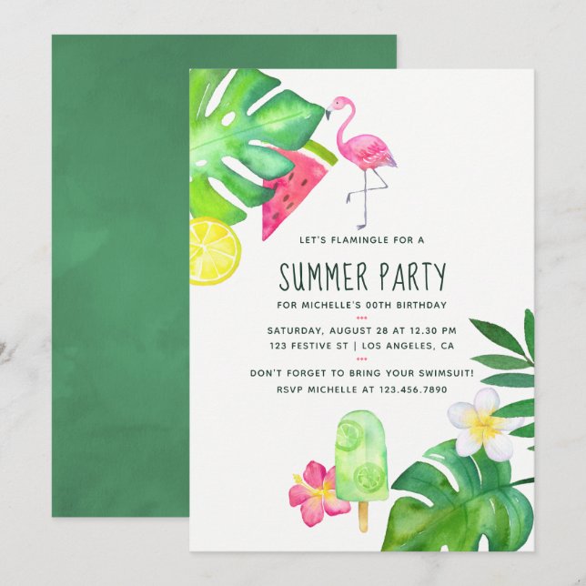 Invitación Flamenco Rosa Acuarela Tropical Cumpleaños de Vera (Anverso / Reverso)