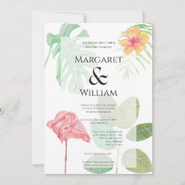 Invitación Flamenco rosa de lujo, follaje tropical verde para