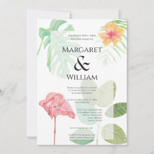 Invitación Flamenco rosa de lujo, follaje tropical verde para