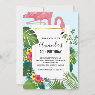 Invitación Flamenco Rosa Elegante y Hojas Tropicales Cumpleañ