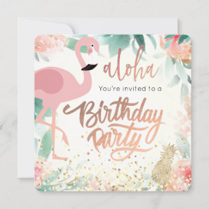 Invitación flamenco rosa pájaro fiesta tropical de cumpleaños