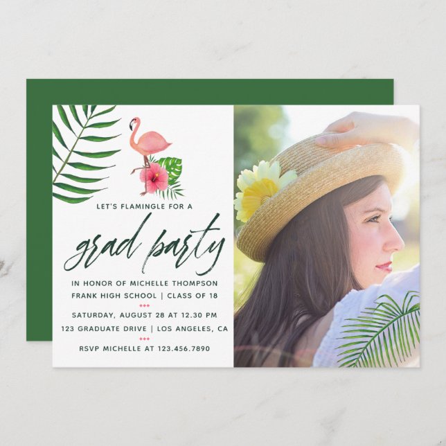 Invitación Flamenco Rosa Tropical Acuarela Luau Graduación (Anverso / Reverso)