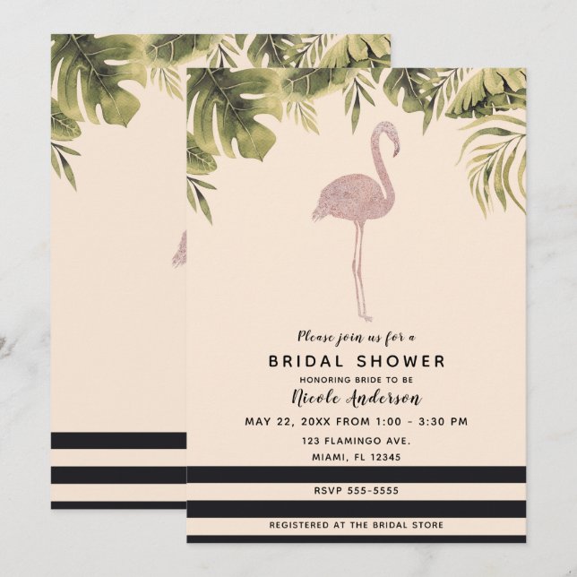 Invitación Flamenco Rosa Tropical Baño Nupcial Crema Amarillo (Anverso / Reverso)