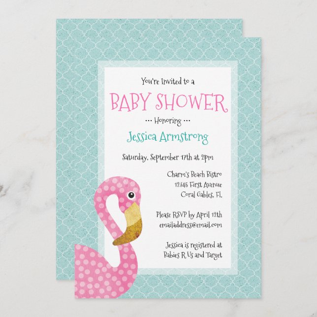 Invitación Flamenco rosado Baby Shower (Anverso / Reverso)