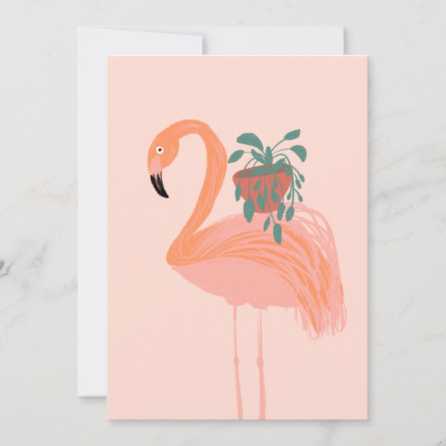 Invitación Flamenco Tropical con Planta en Maceta Dibujado a  (Anverso)