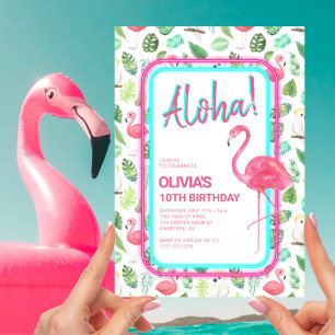 Invitación Flamenco Tropical Rosa Aloha Cumpleaños