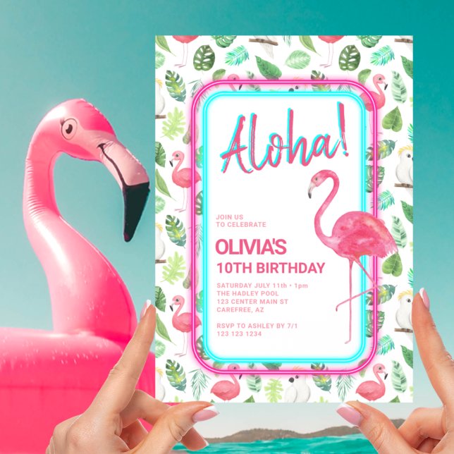 Invitación Flamenco Tropical Rosa Aloha Cumpleaños (Subido por el creador)