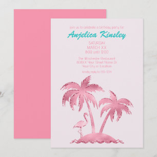 Invitación Flamenco y Palmeras Retro con Brillo Rosa
