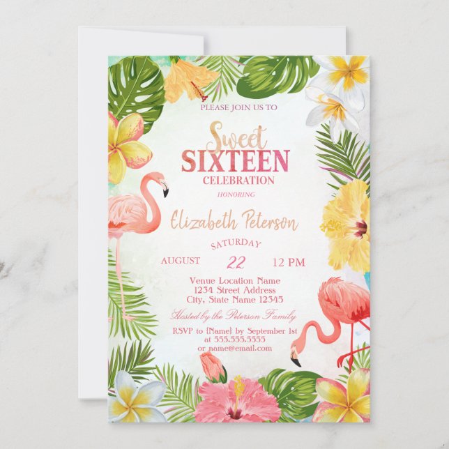 Invitación Flamencos de Palma de Flores Tropicales Fiesta Dul (Anverso)